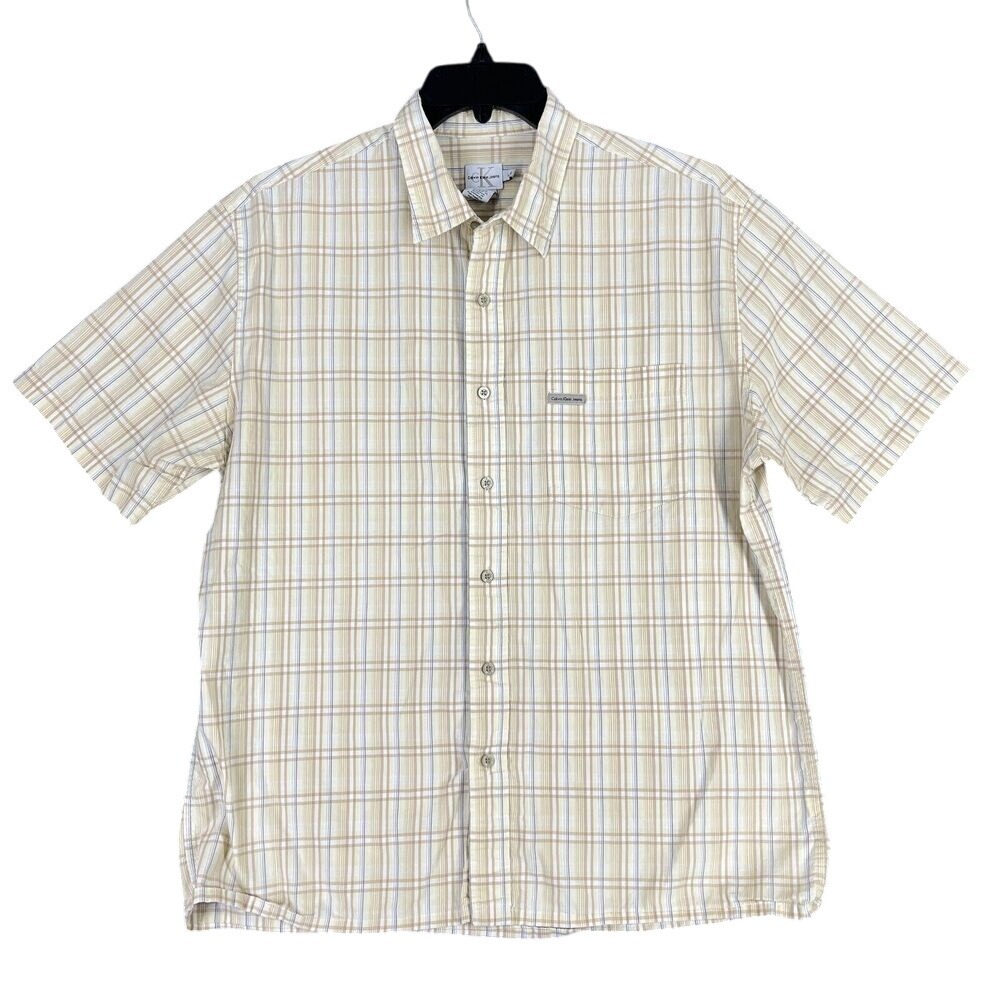 Calvin Klein Jeans Mens‎ Tan Plaid Short Sleeve Button Up Shirt L G Cotton